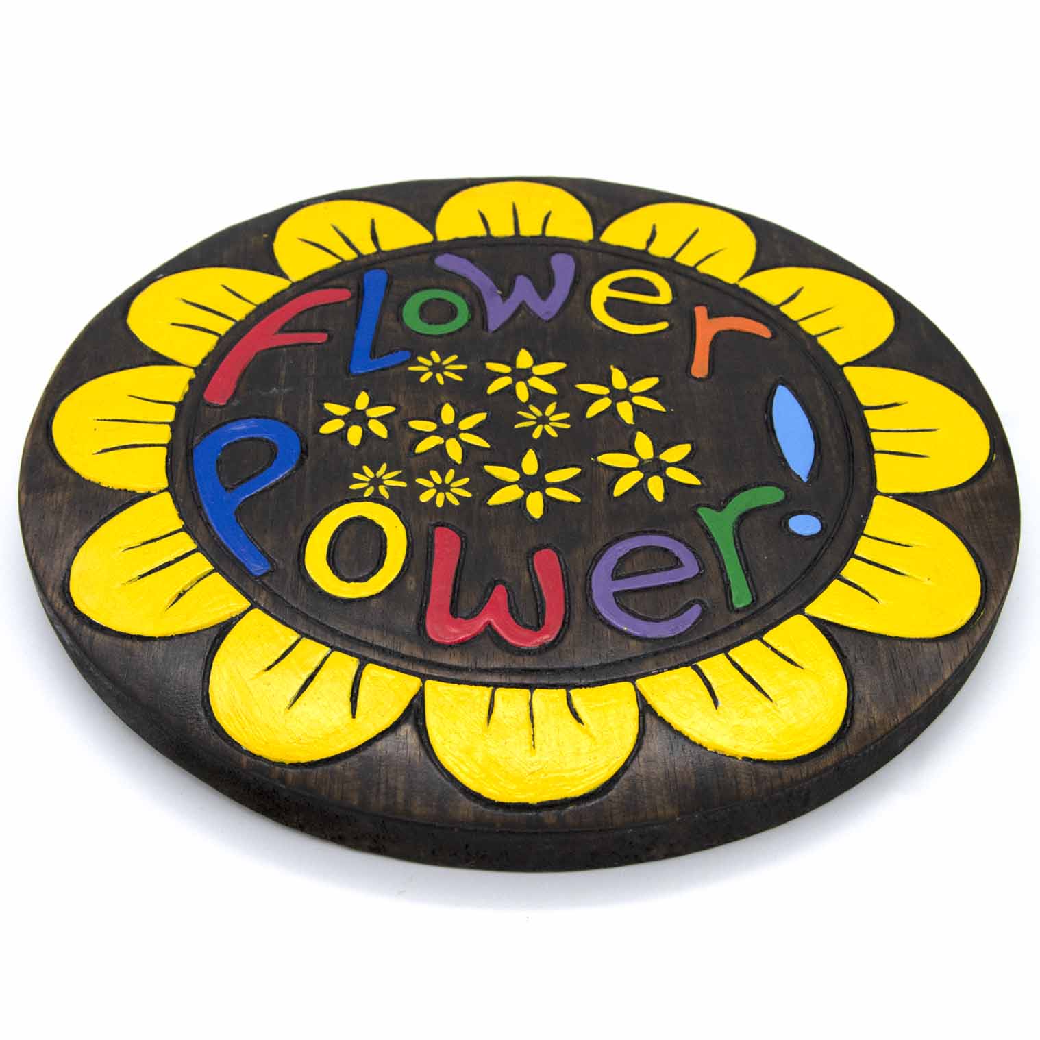 Plaque ronde en bois peint « Flower Power »