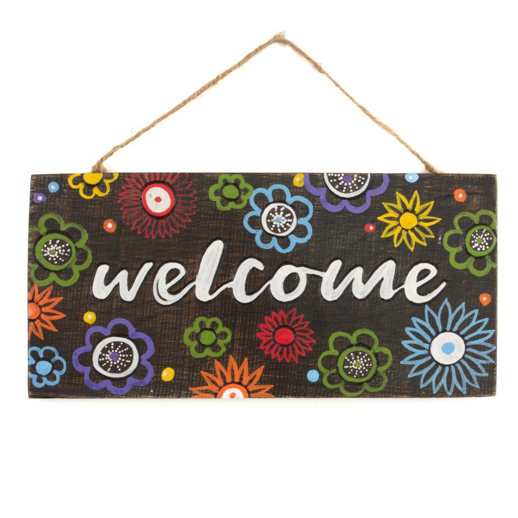 Bienvenue, plaque murale florale en bois peinte à la main