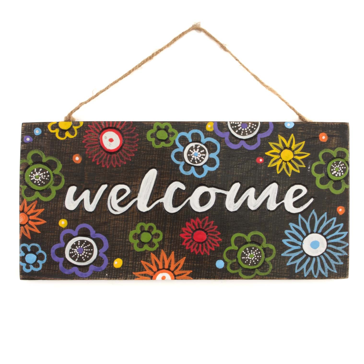 Bienvenue, plaque murale florale en bois peinte à la main