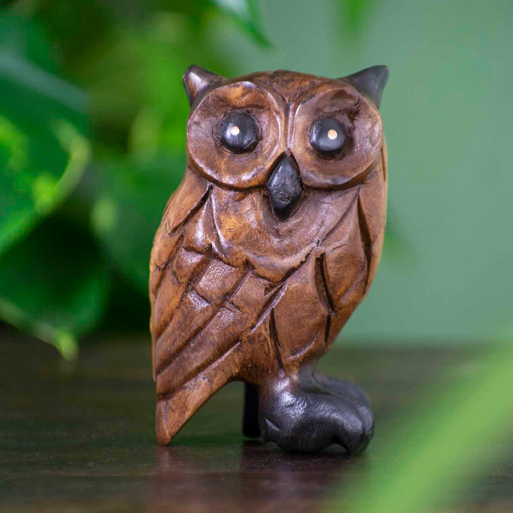 Hibou en bois de pluie sculpté de taille moyenne