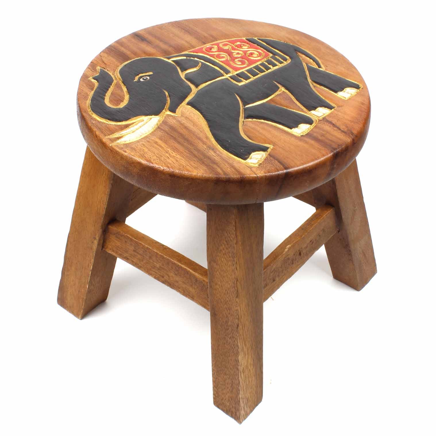 Tabouret sculpté en bois de Saman, motif éléphant