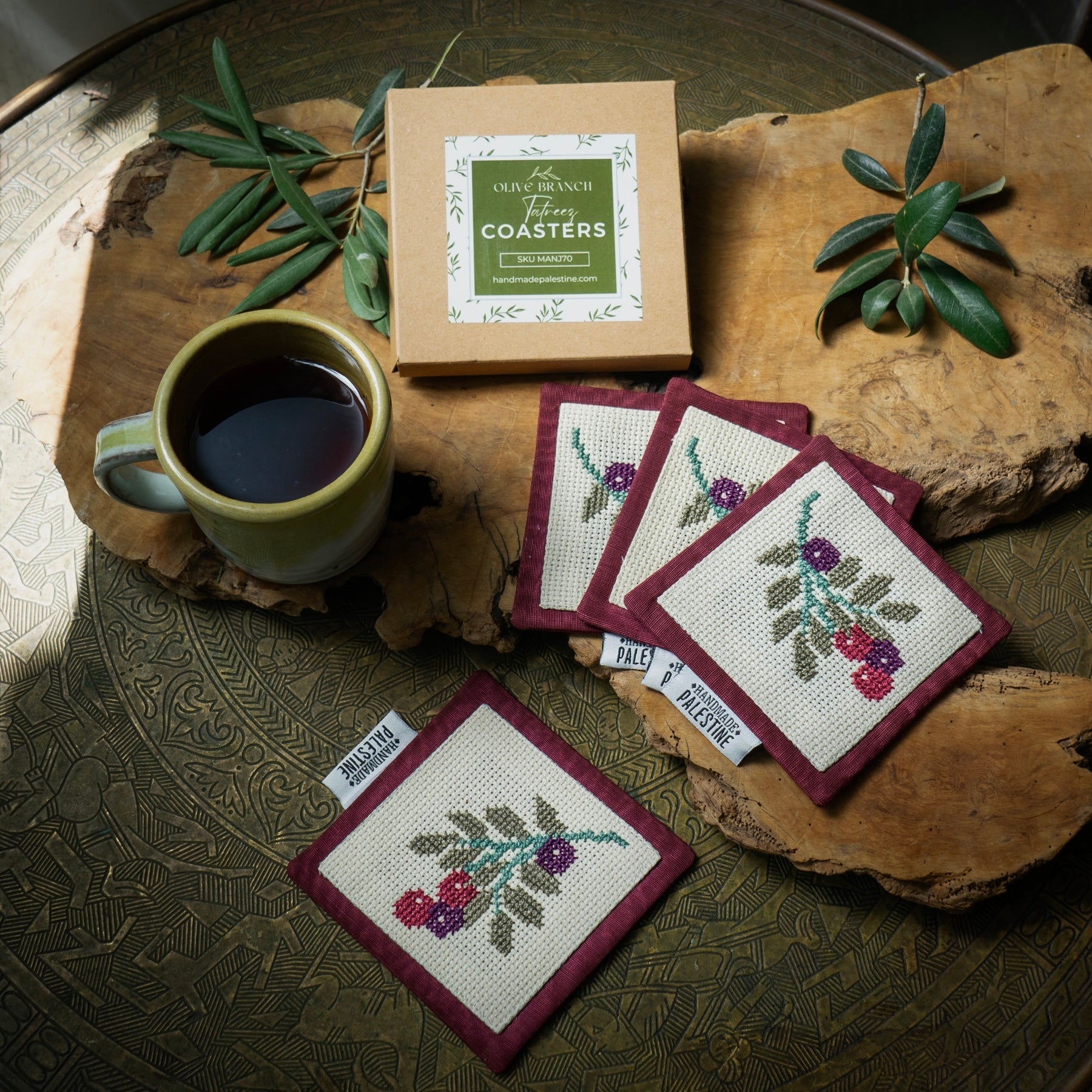Embroidered Olive Leaf Coasters | Set of 4
