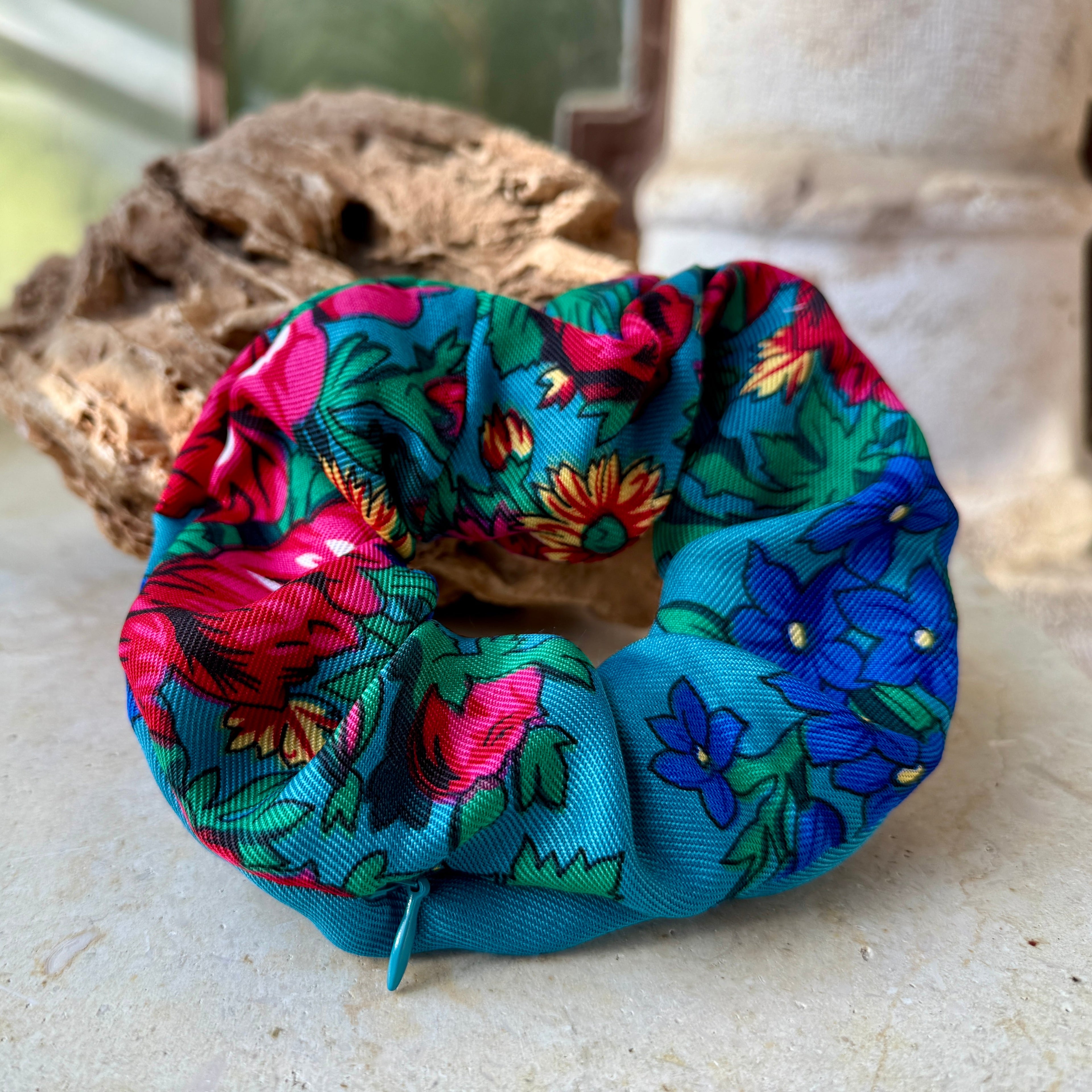 Traditional Fabric Scrunchies with Secret Zipper Pouch | Set of 5 Colors