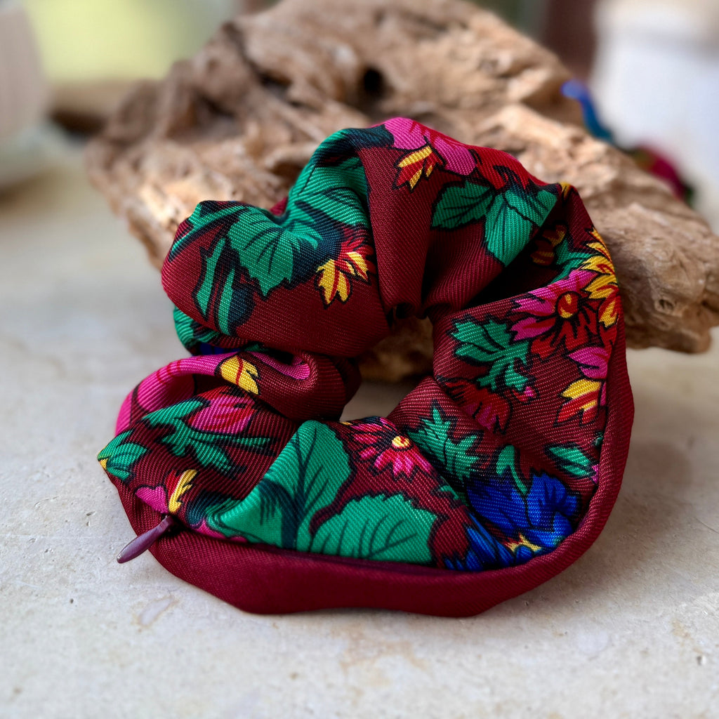 Traditional Fabric Scrunchies with Secret Zipper Pouch | Set of 5 Colors