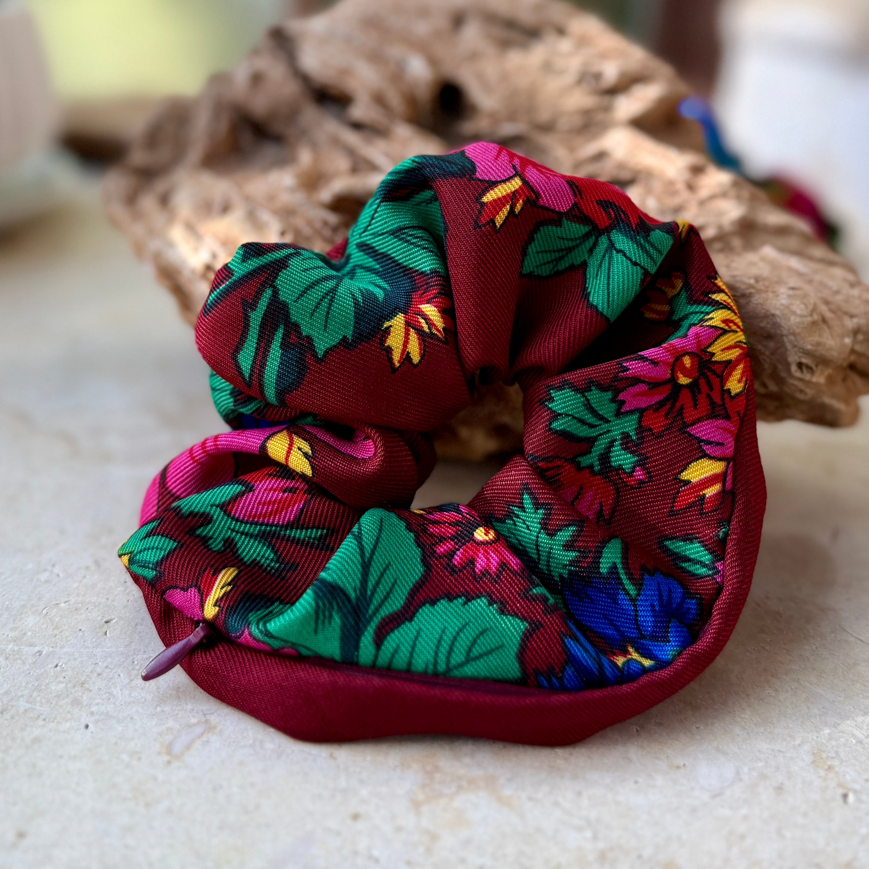 Traditional Fabric Scrunchies with Secret Zipper Pouch | Set of 5 Colors