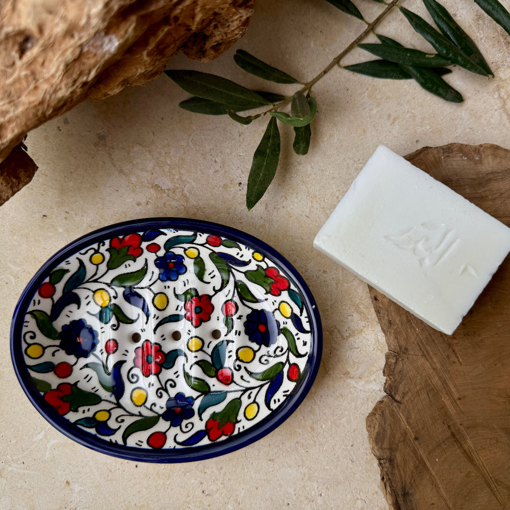 Hand Painted Ceramic Soap Dish with Olive Oil Soap | Gift Set