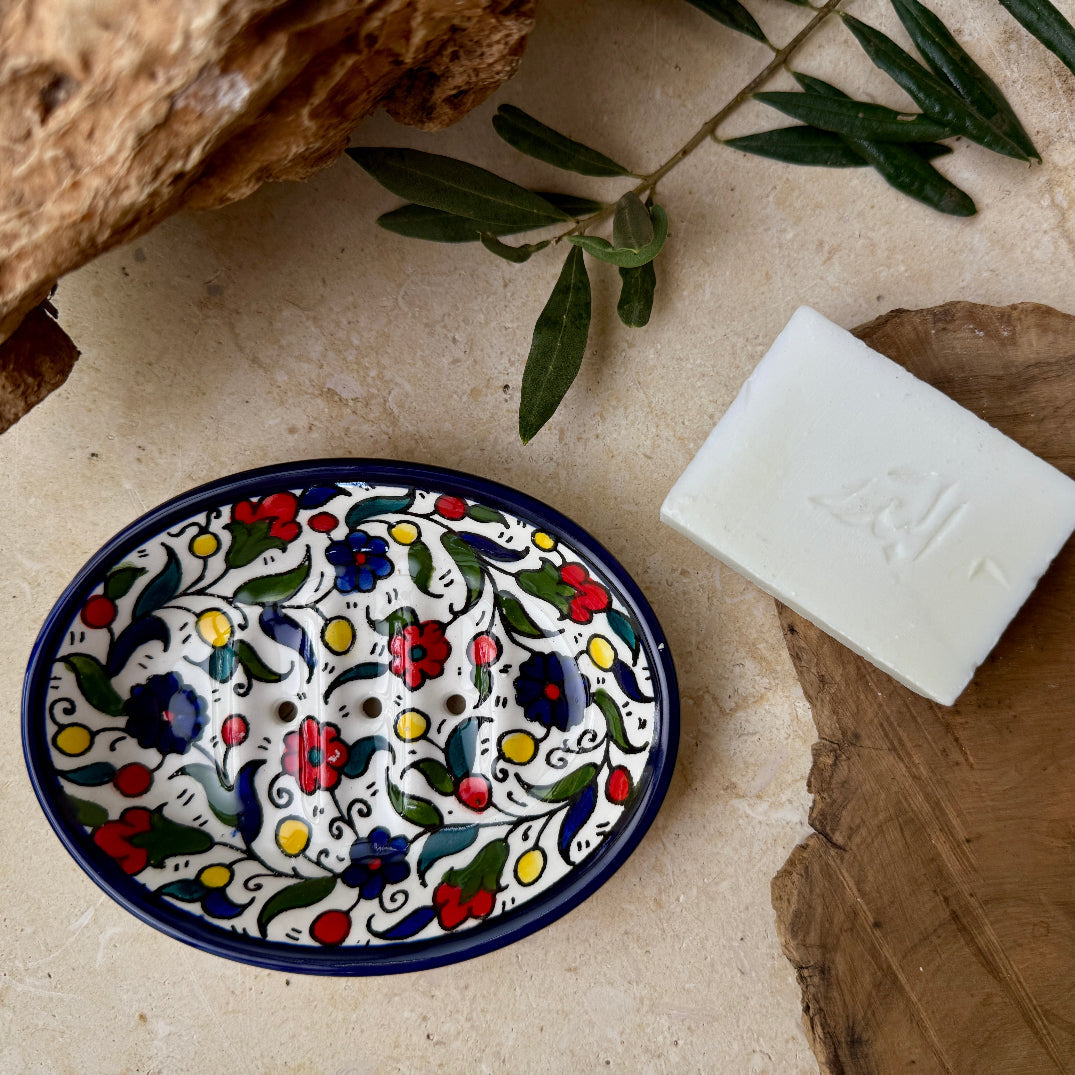Hand Painted Ceramic Soap Dish with Olive Oil Soap | Gift Set
