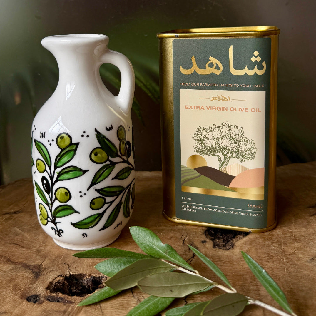 Gift Set: Handmade Ceramic Olive Oil Bottle with Cold Pressed Extra Virgin Olive Oil