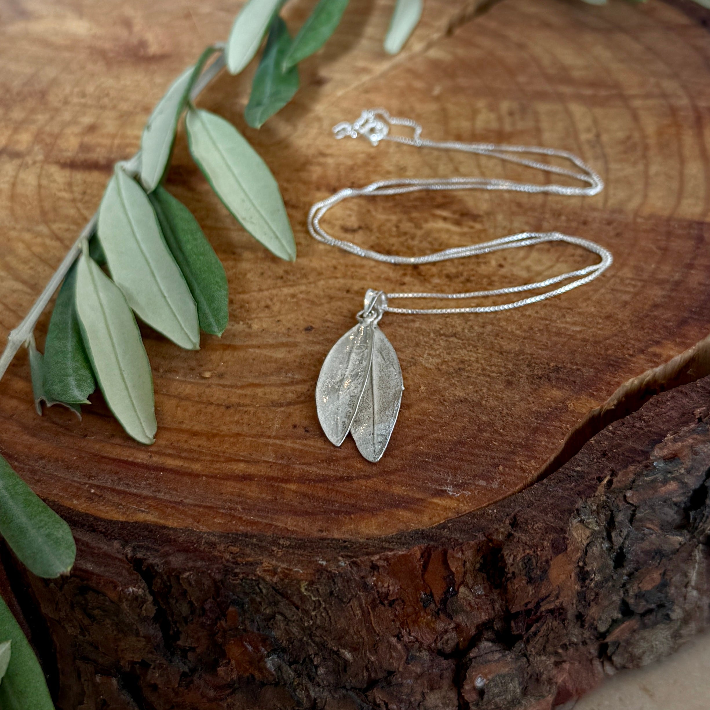 Sterling Silver Necklace | Double Olive Leaves on Chain