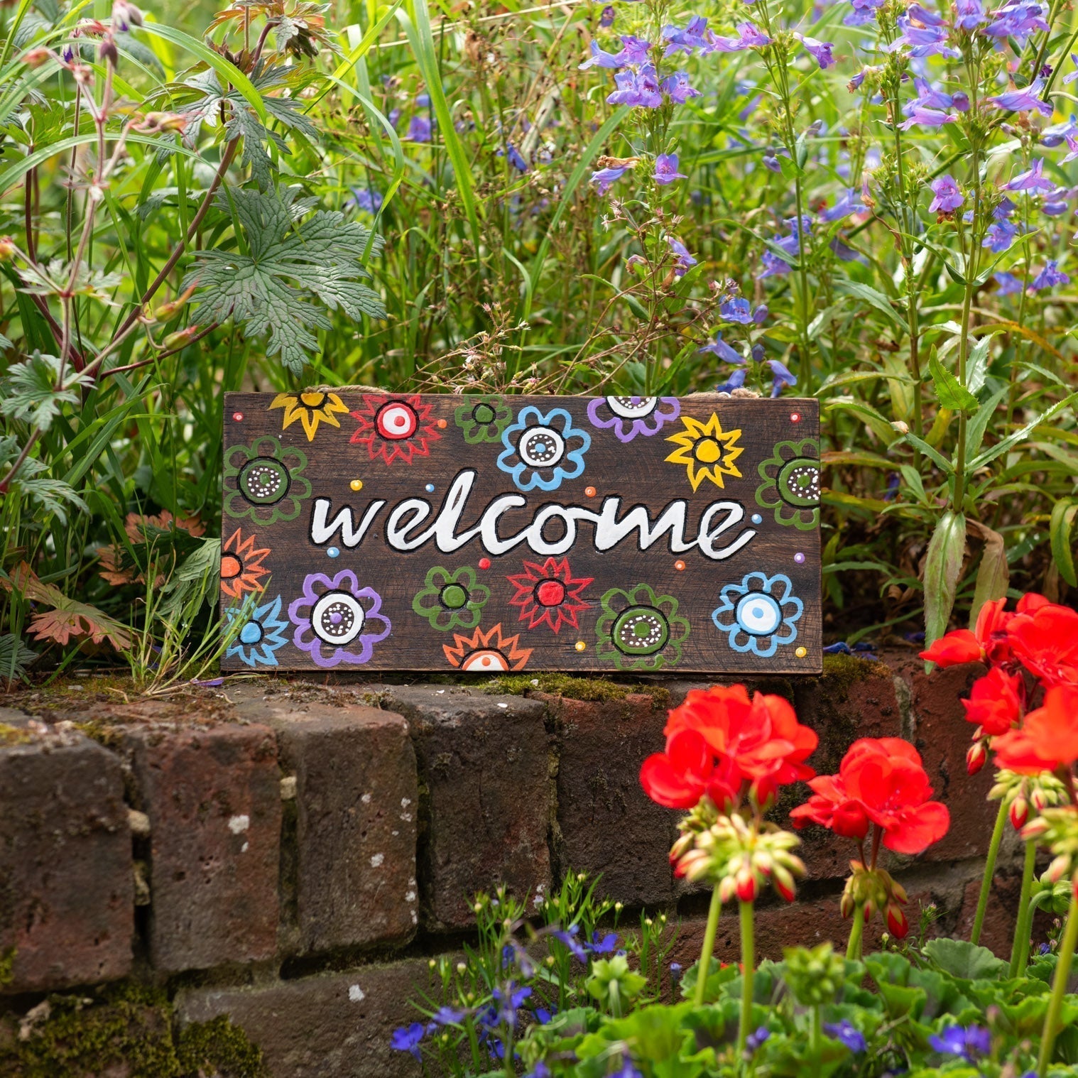 Bienvenue, plaque murale florale en bois peinte à la main