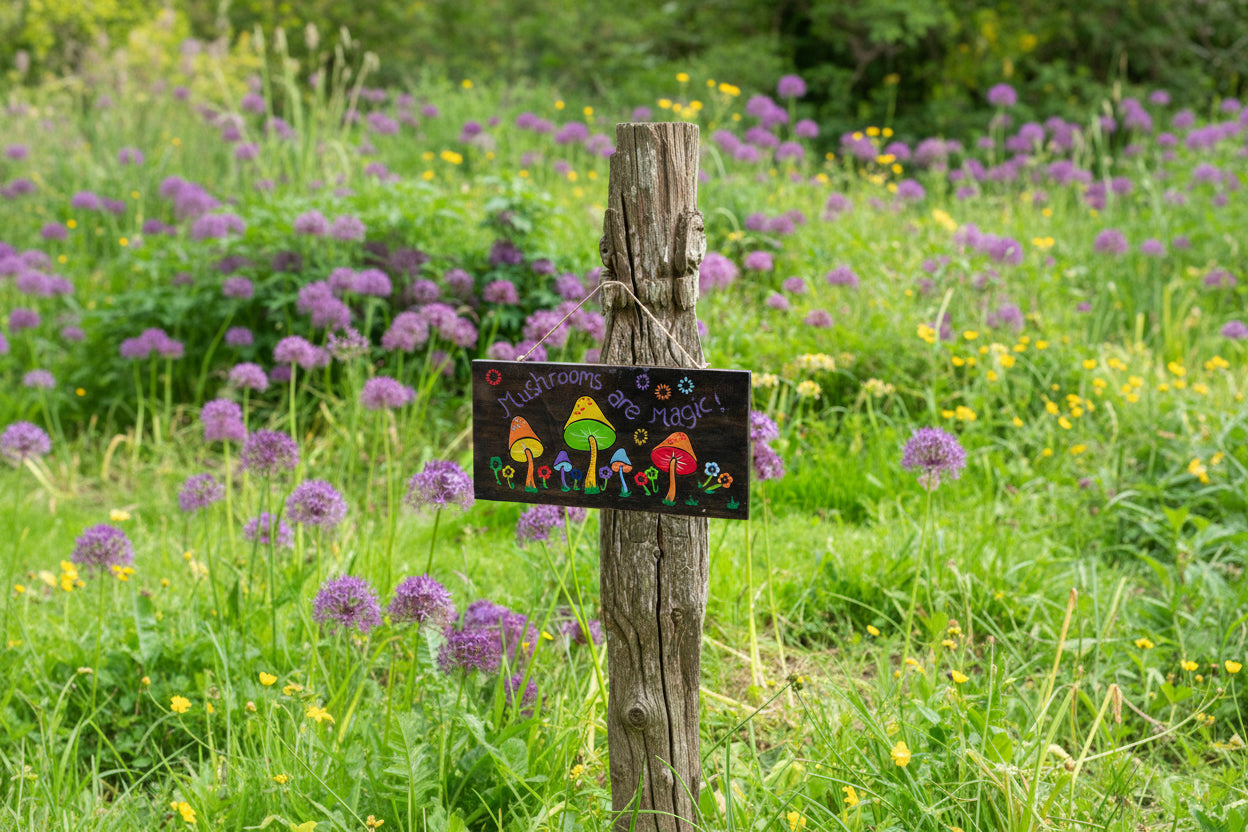 Panneau en bois peint « Les champignons sont magiques »