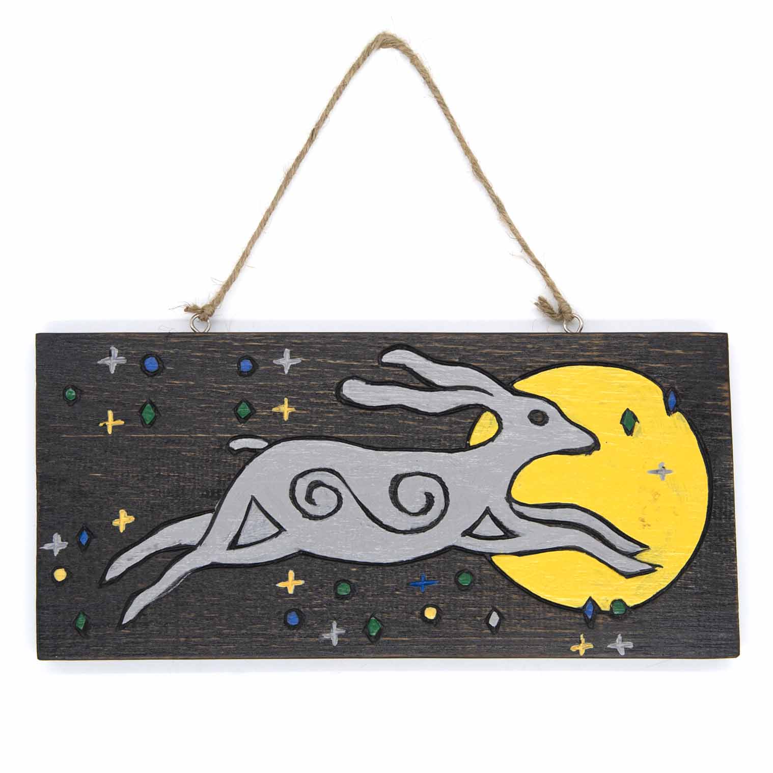 Panneau en bois peint du Lièvre de Lune