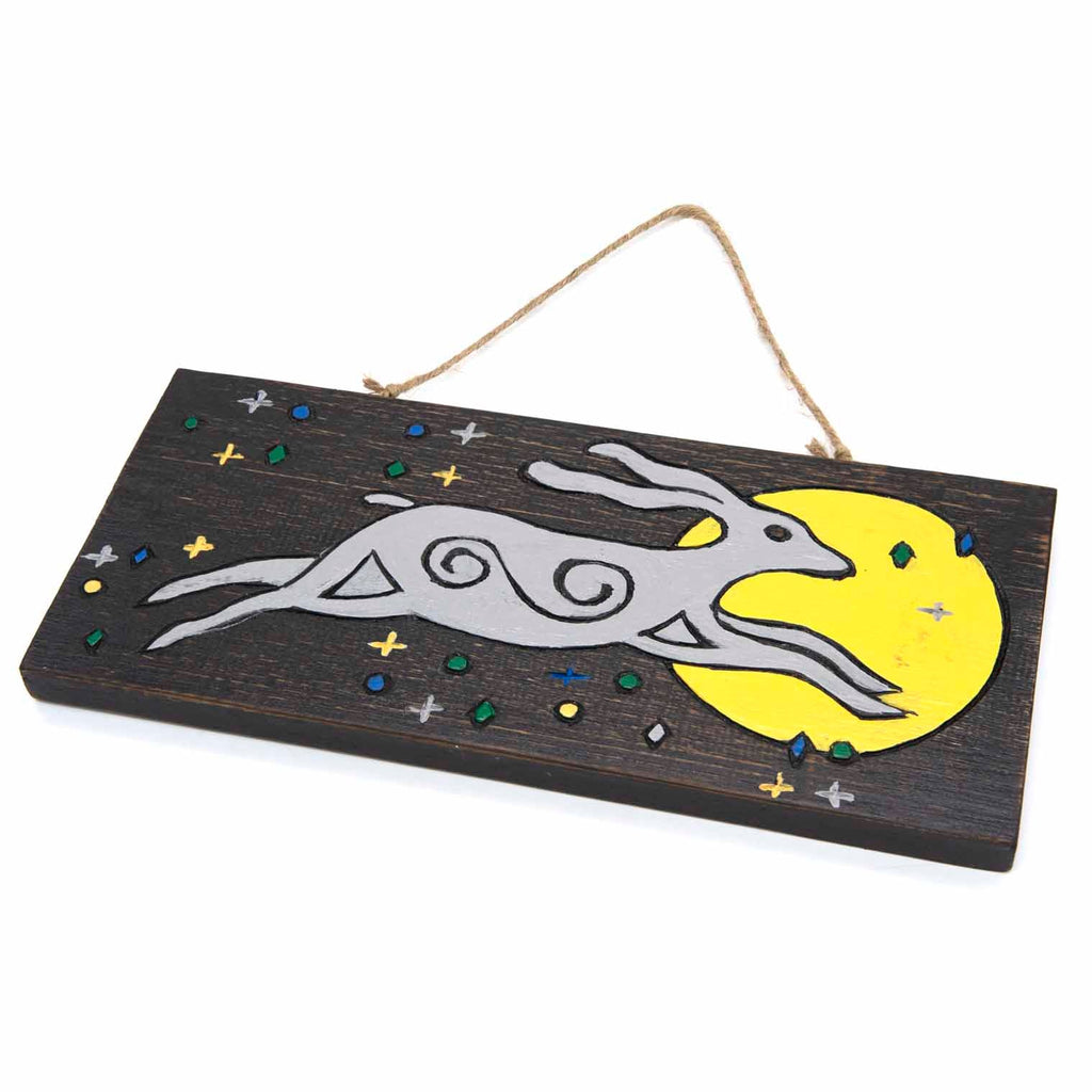 Panneau en bois peint du Lièvre de Lune