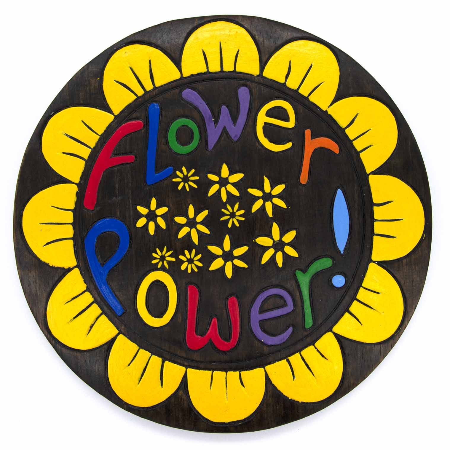 Plaque ronde en bois peint « Flower Power »