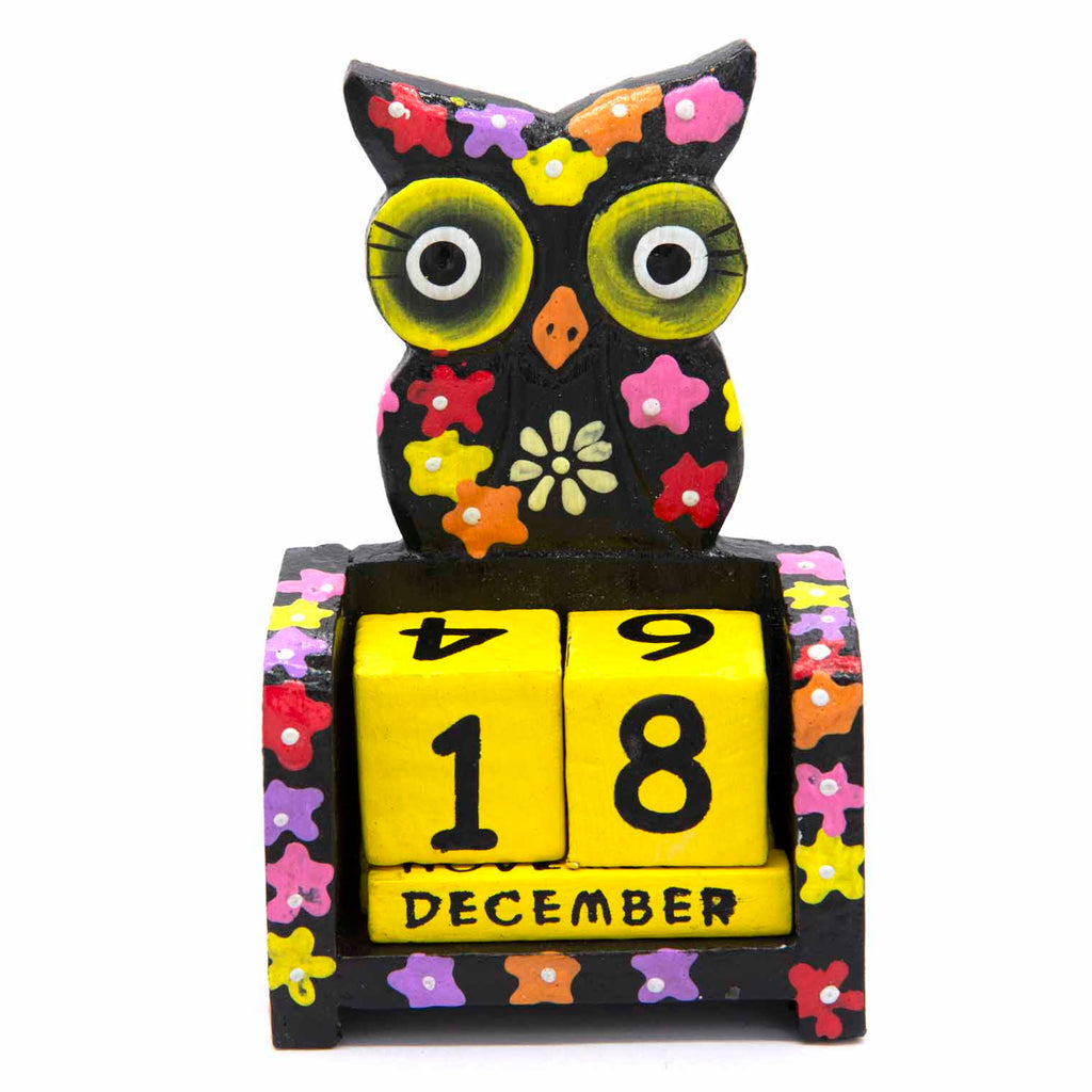 Calendrier perpétuel hibou peint