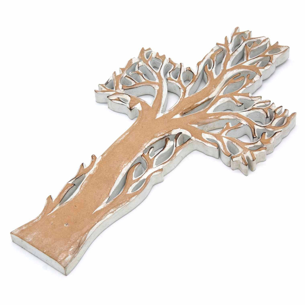 Plaque croix Arbre de Vie avec finition blanchie à la chaux