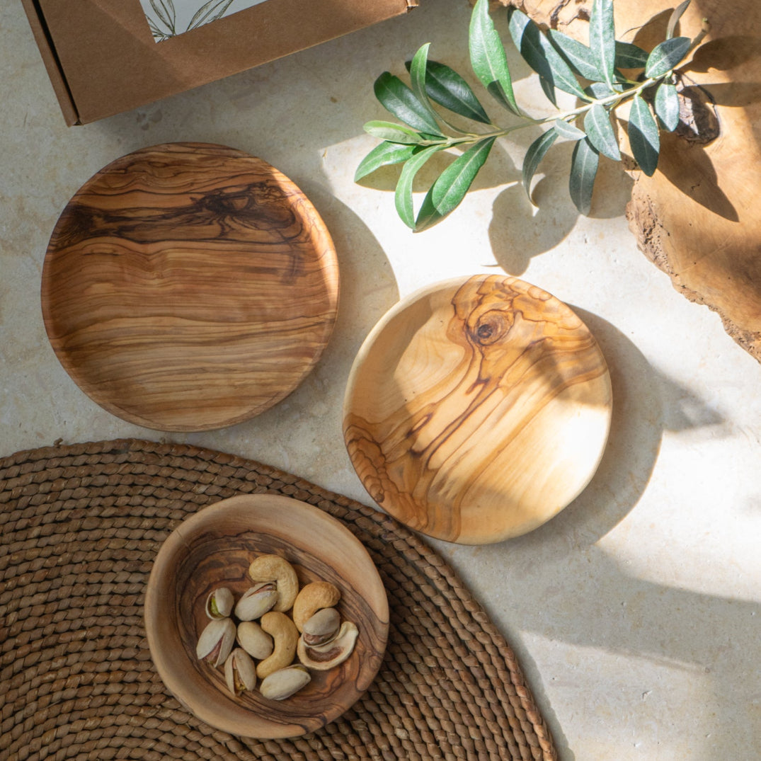Olive Wood Round Mezze Dishes | 3-Piece Bowl Set | Handcrafted