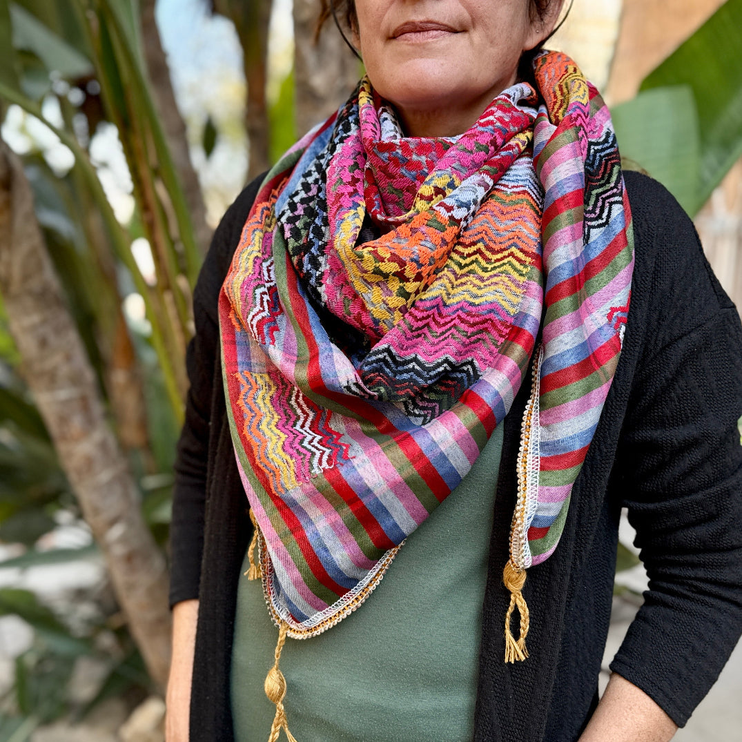 Colorful Toot (Berries) Palestinian Made Keffiyeh: Original Palestinian Hatta