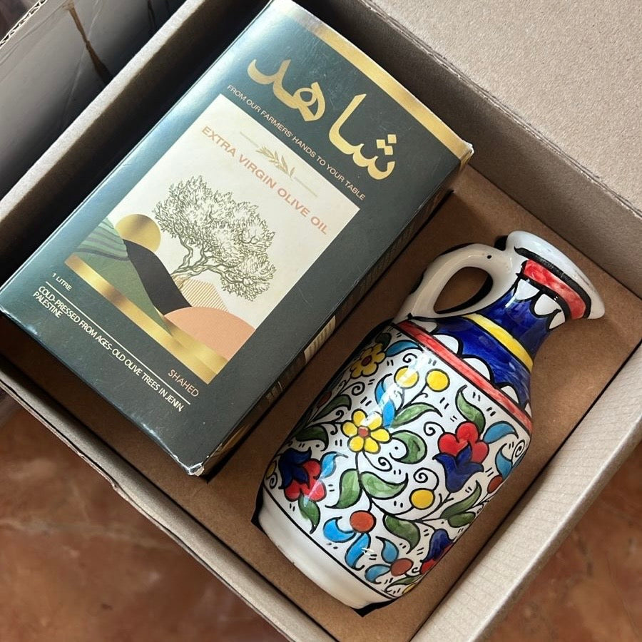 Gift Set: Handmade Ceramic Olive Oil Bottle with Cold Pressed Extra Virgin Olive Oil