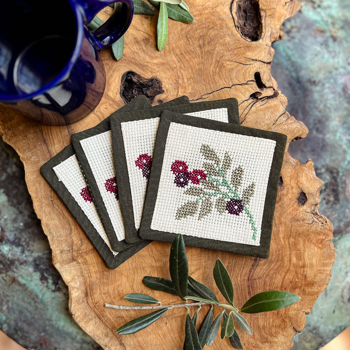 Embroidered Olive Leaf Coasters | Set of 4