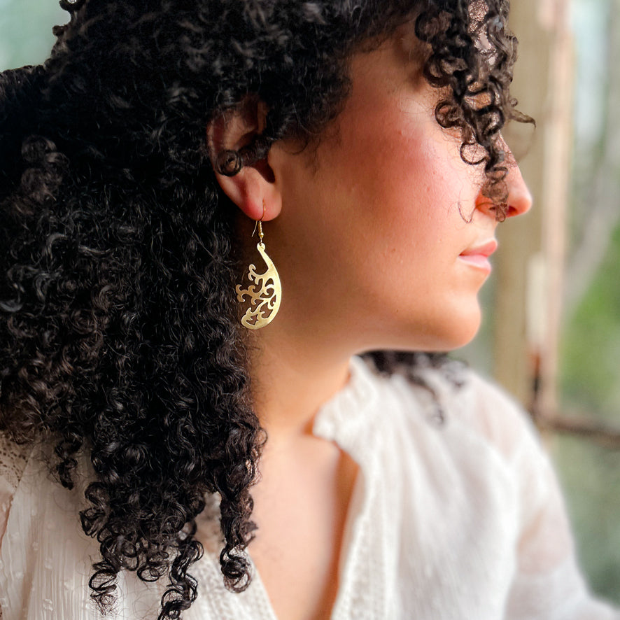 Curved Olive Tree Brass Earrings | Handmade Jewelry