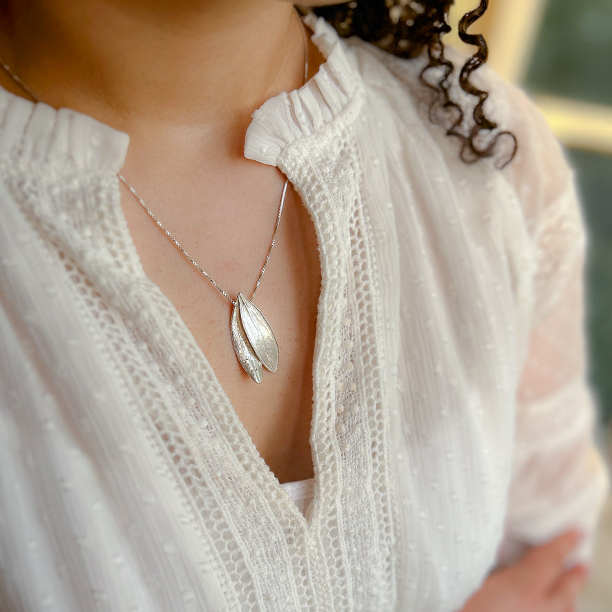 Sterling Silver Olive Leaf Necklace | Two Fused Leaves on Chain