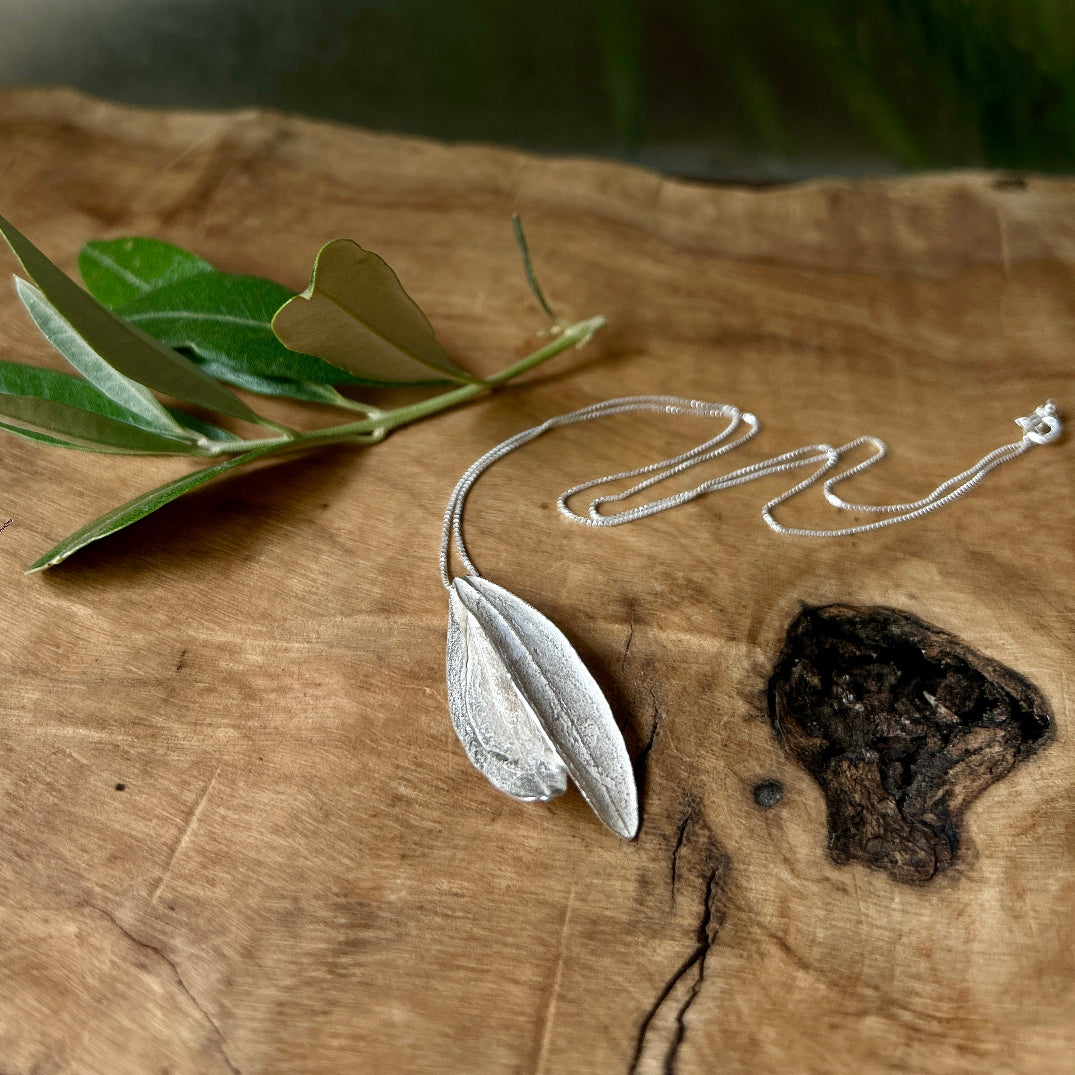 Sterling Silver Olive Leaf Necklace | Two Fused Leaves on Chain