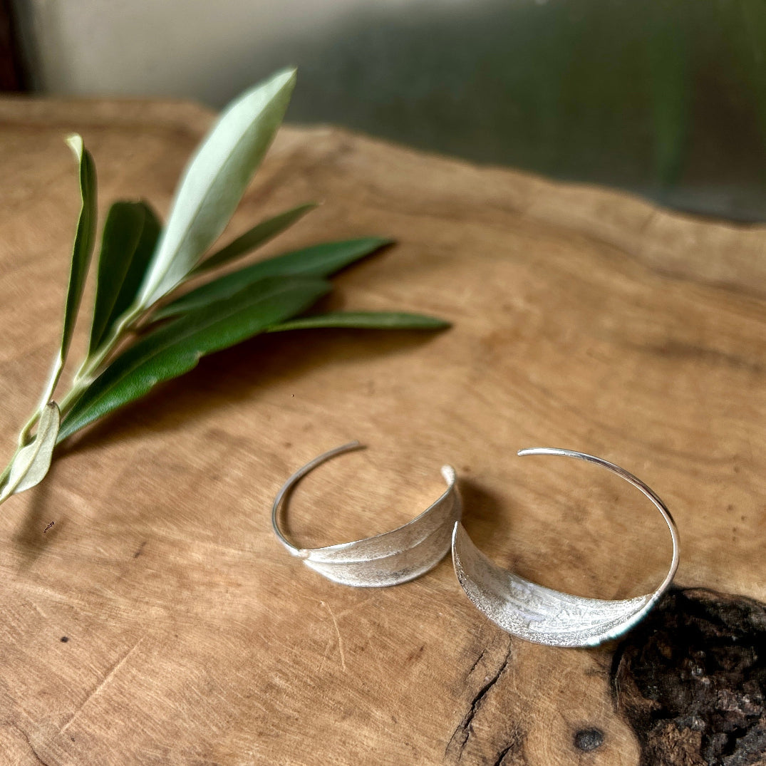 Hoop Olive Leaf Earrings in Sterling Silver | Hand Crafted