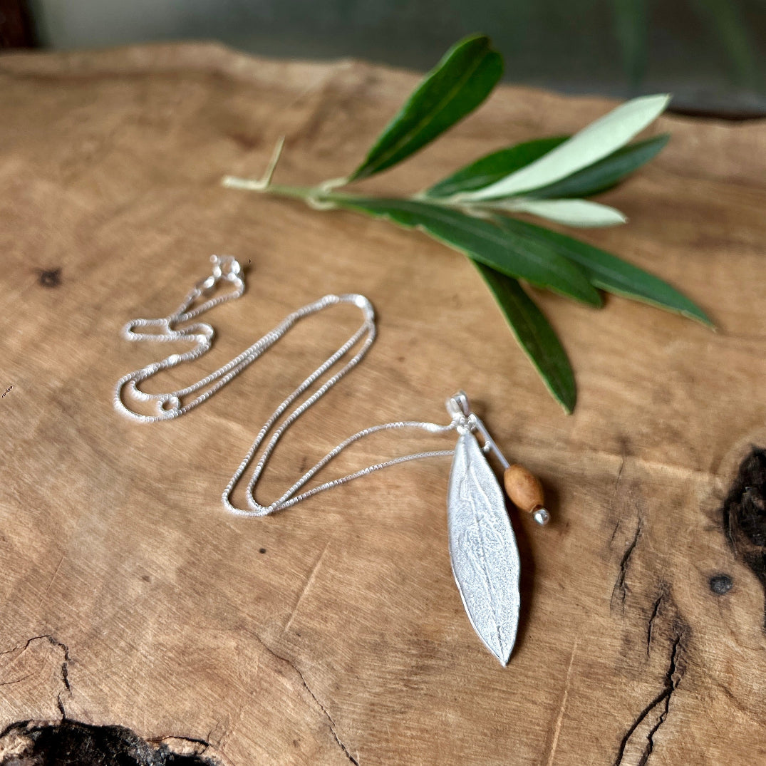 Sterling Silver Olive Leaf Necklace with Olive Wood Bead | Handcrafted