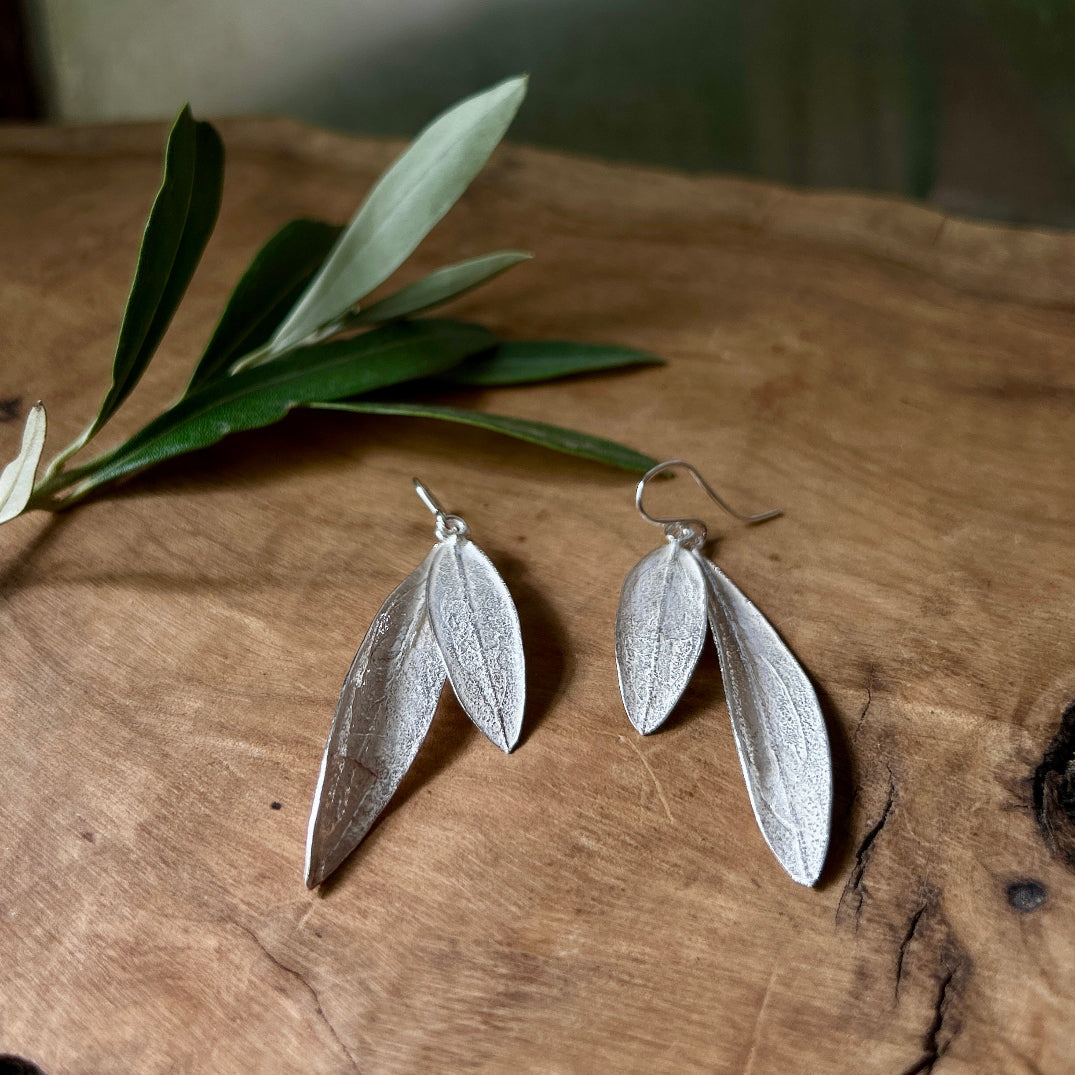 Sterling Silver Dangling Double Olive Leaf Earrings | Handcrafted