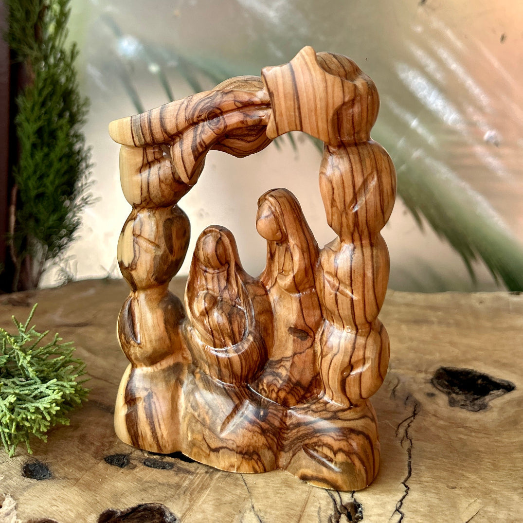 Holy Family Nativity Sculpture | Single Piece Olive Wood | Hand Carved