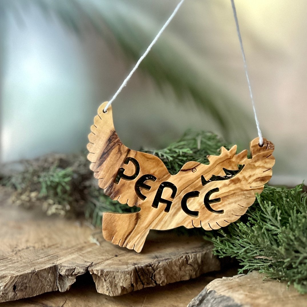Peace Dove Christmas Tree Wood Ornament | Hand Carved Olive Wood