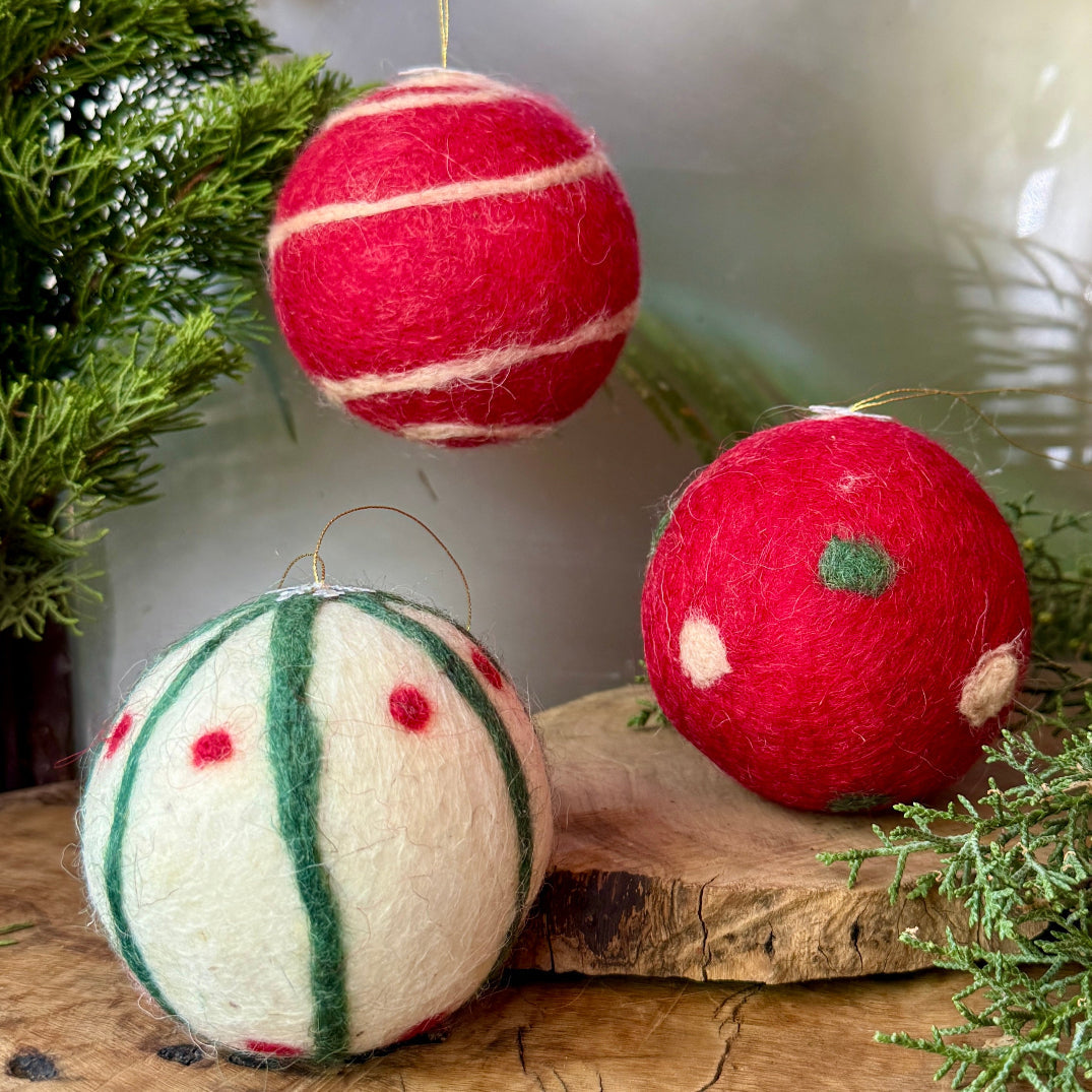 Hand Crafted Felted Wool Christmas Balls | Set of 3 Baubles