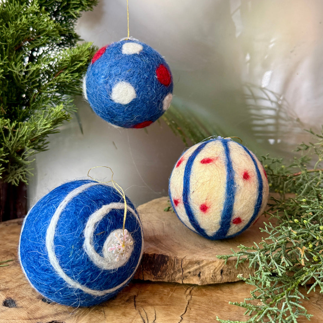 Hand Crafted Felted Wool Christmas Balls | Set of 3 Baubles