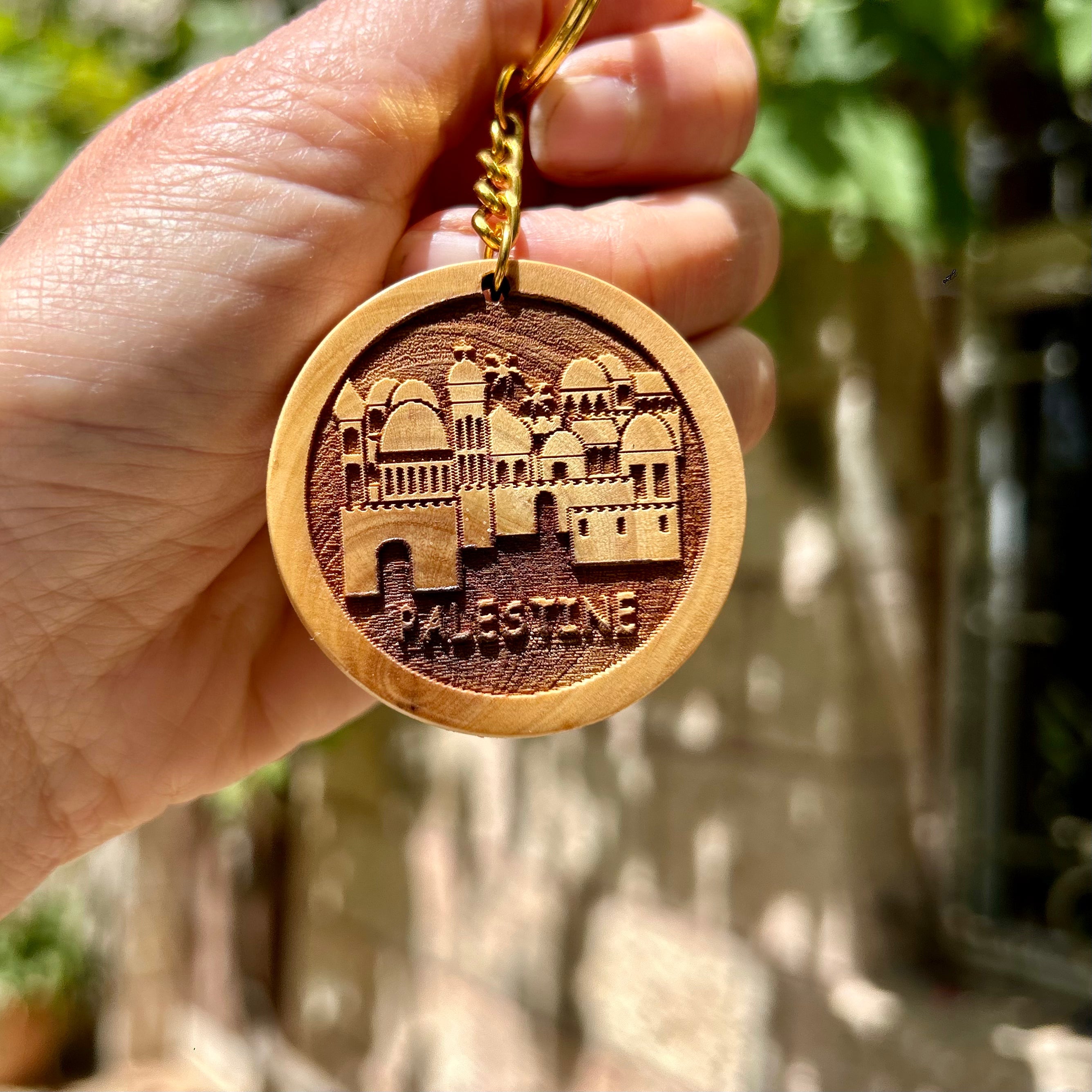 Old City Landscape Keychain in Olive Wood | Hand Carved