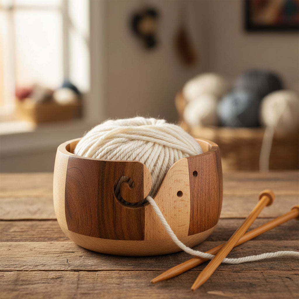 Bol à laine en bois rayé avec fente en spirale