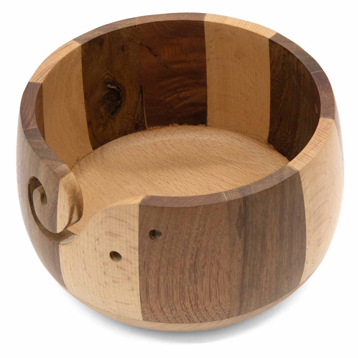 Bol à laine en bois rayé avec fente en spirale