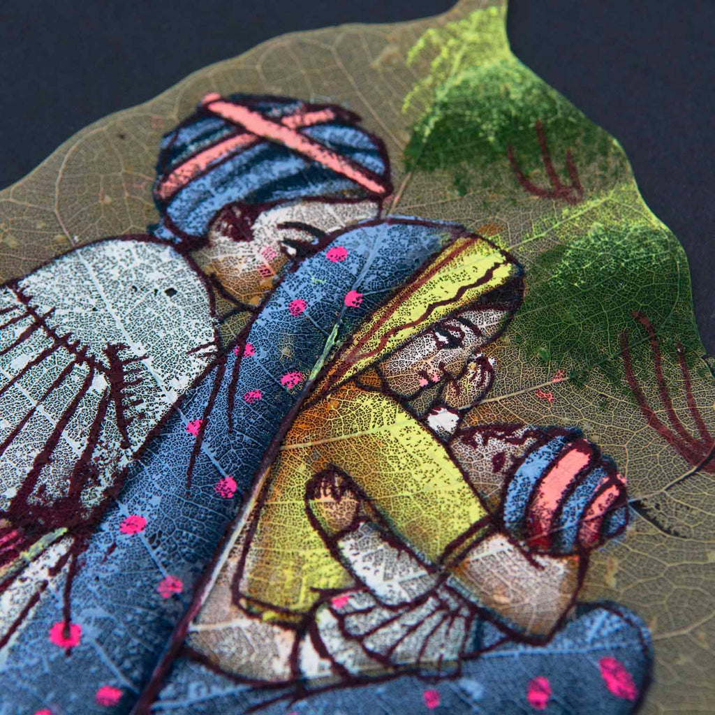 Peinture sur feuille de Peepal, scène de famille