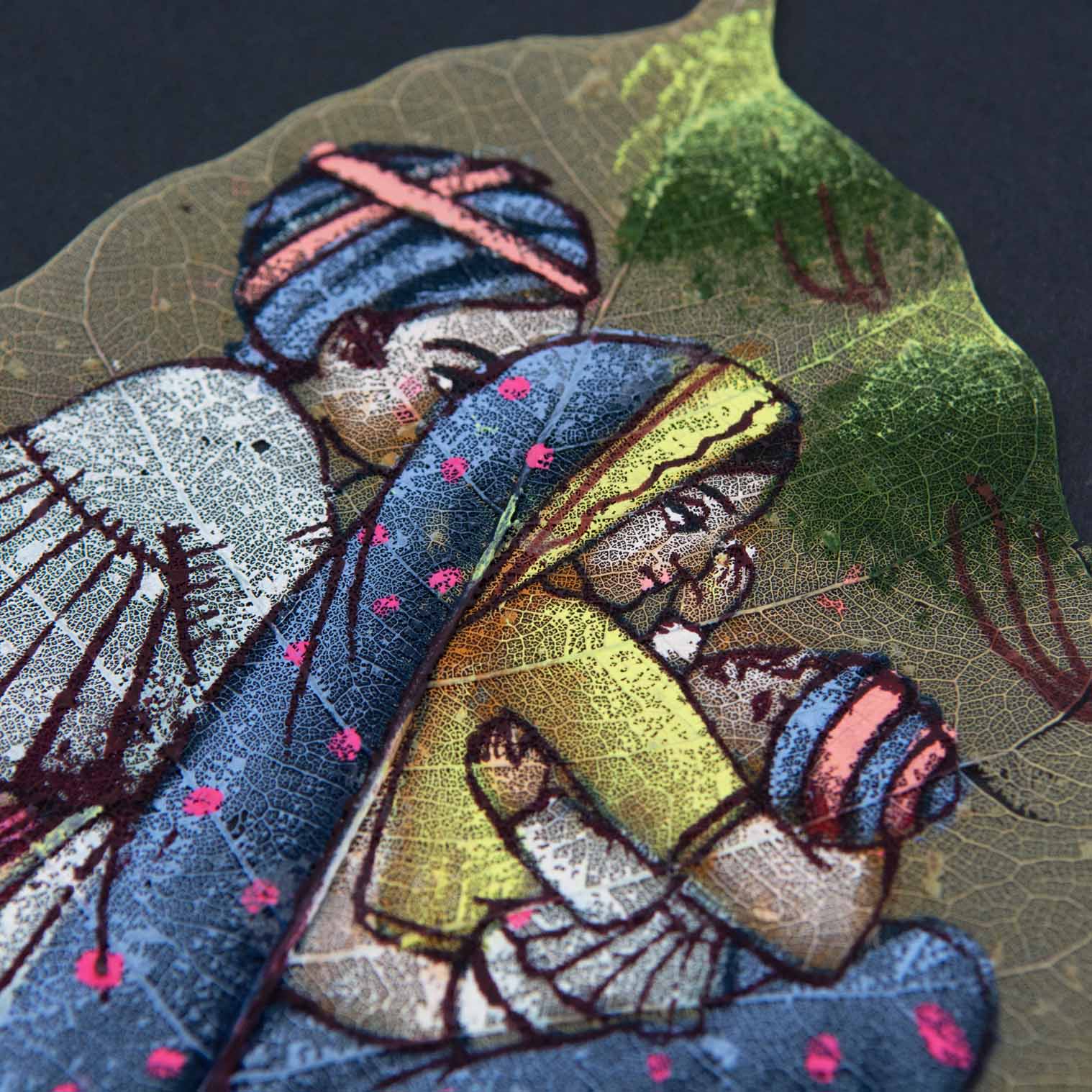 Peinture sur feuille de Peepal, scène de famille