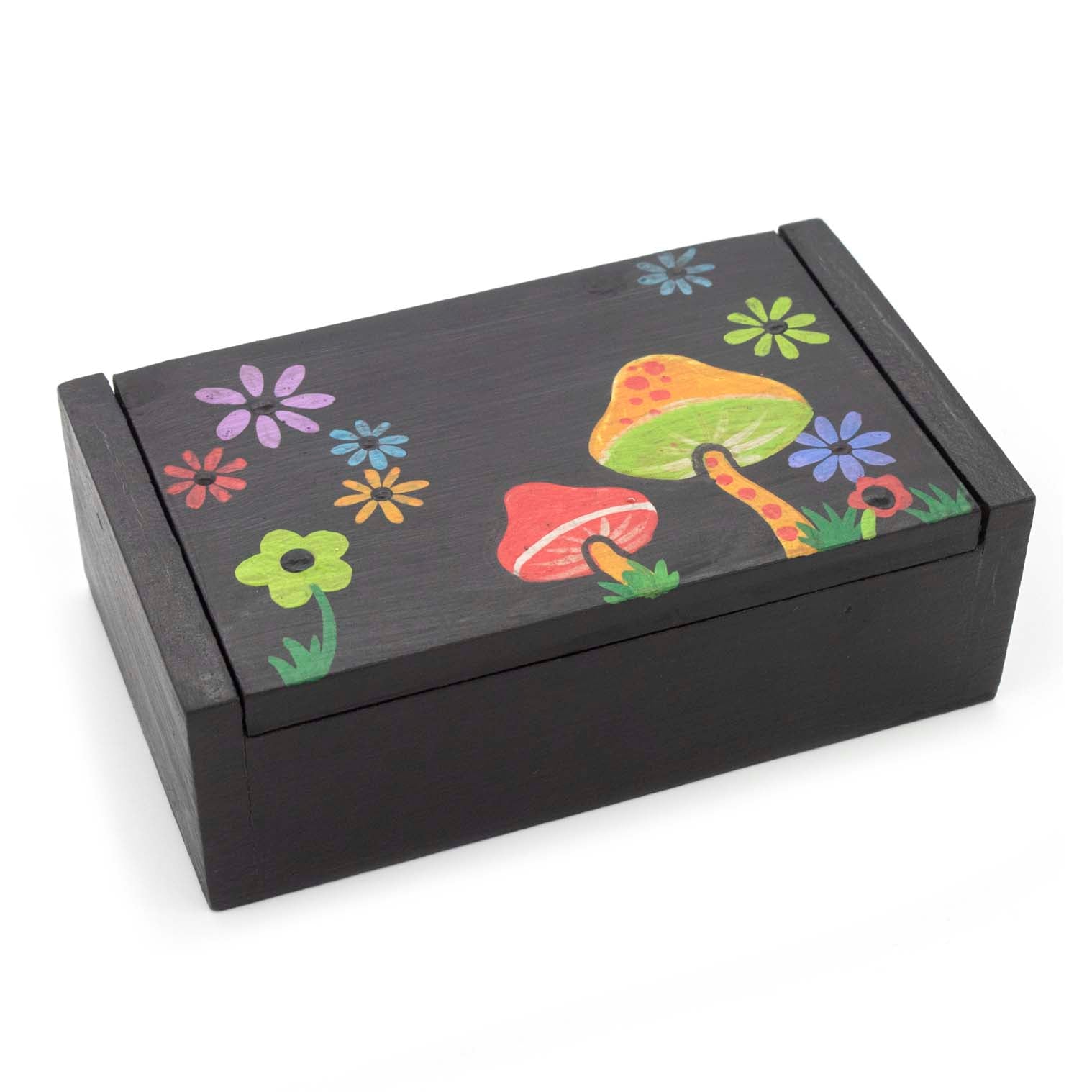 Boîte en bois noir avec peinture de champignon et de fleur