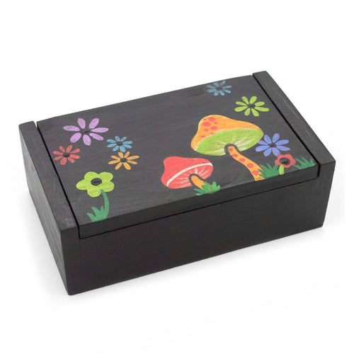 Boîte en bois noir avec peinture de champignon et de fleur