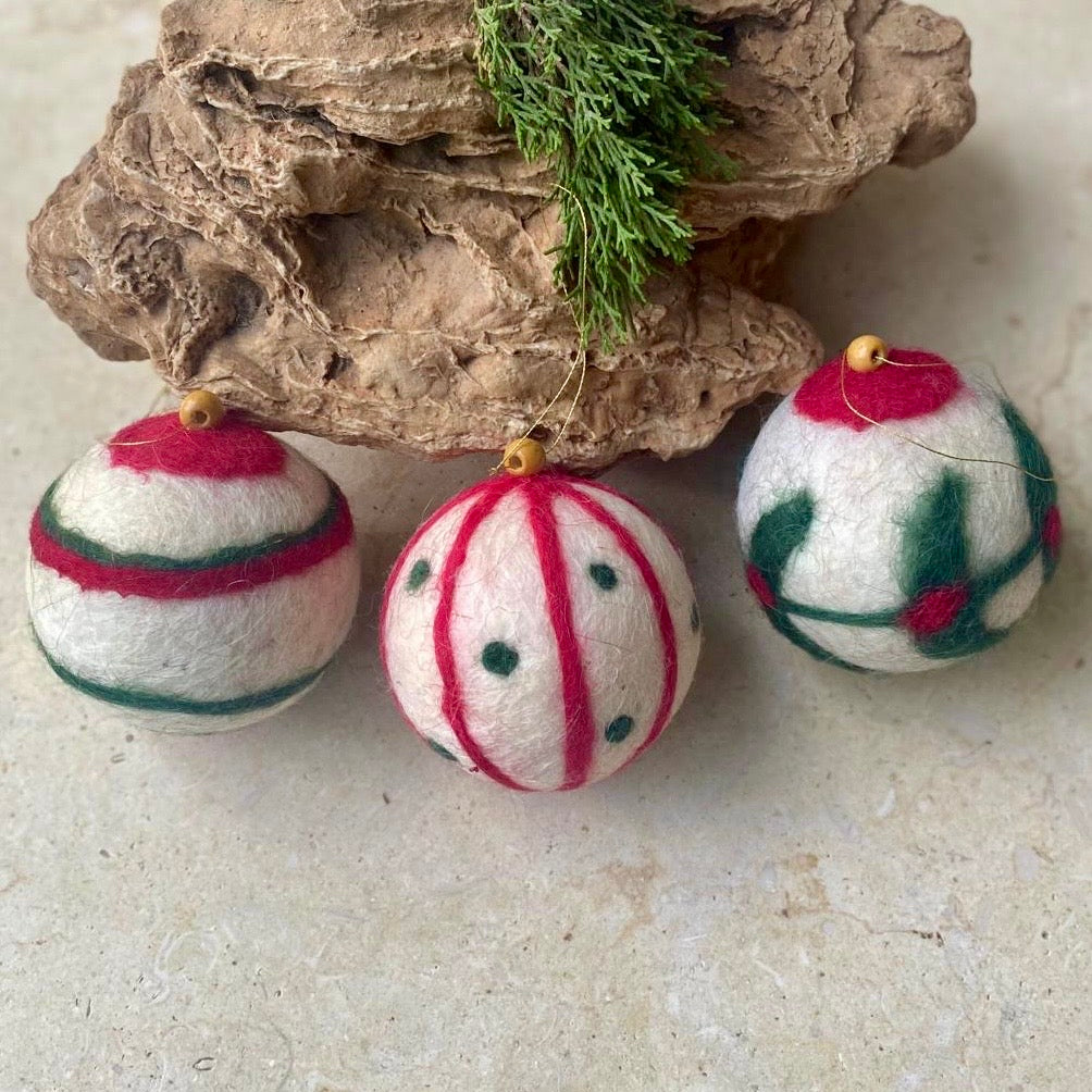 Hand Crafted Felted Wool Christmas Balls | Set of 3 Baubles