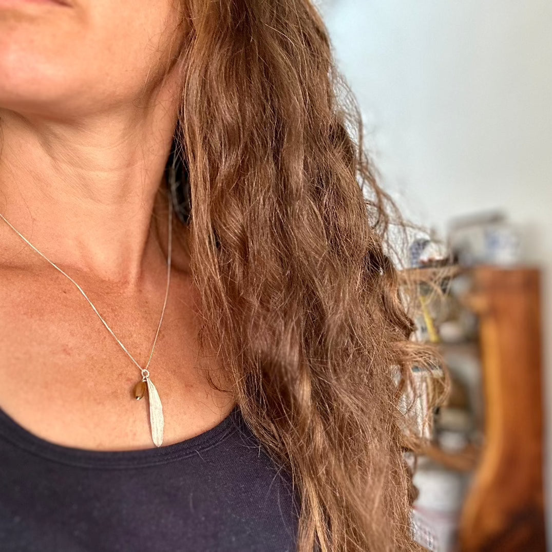 Sterling Silver Olive Leaf Necklace with Olive Wood Bead | Handcrafted